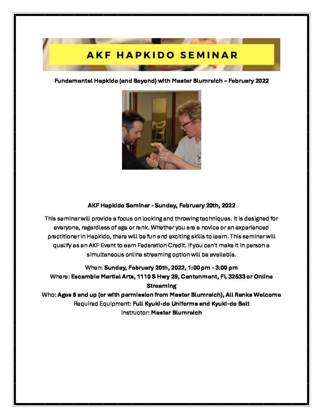 Video Access - Hapkido Seminar, February 2022 (with Master Blumreich)