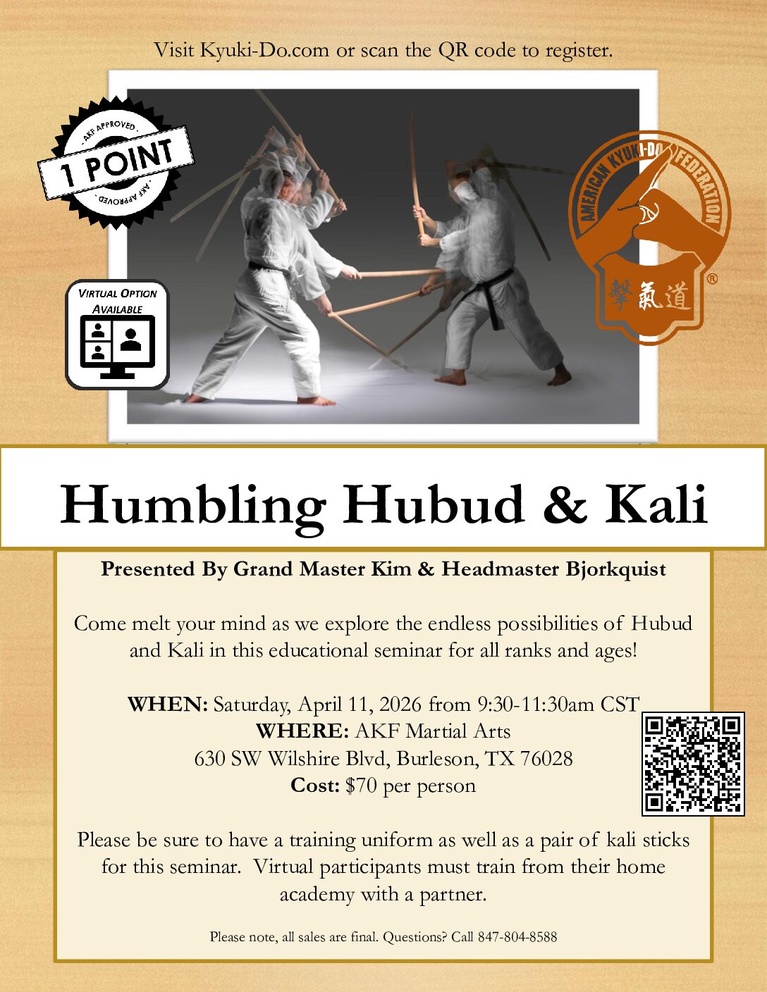 Hubud & Kali with Grand Master Kim and Headmaster Bjorkquist, April 11, 2026 in Burleson